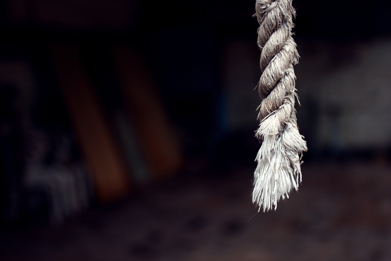 a close up of a rope hanging from a ceiling, a photo, shutterstock, hurufiyya, died hair, dark background”, stock photo, suicide