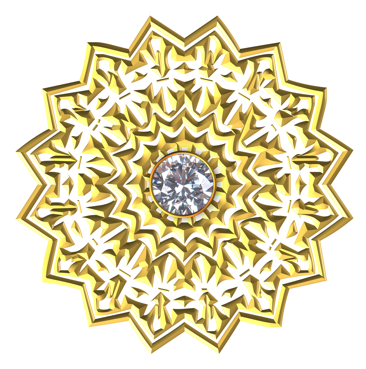 a gold flower with a diamond in the middle, a digital rendering, by Susan Heidi, arabesque, ornate gem in pommel, medallion, cut, star