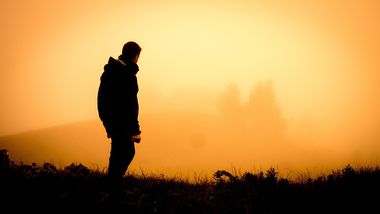 a man standing on top of a grass covered hillside, a picture, pexels, romanticism, light orange mist, black silhouette, pensive, backlit shot girl in parka