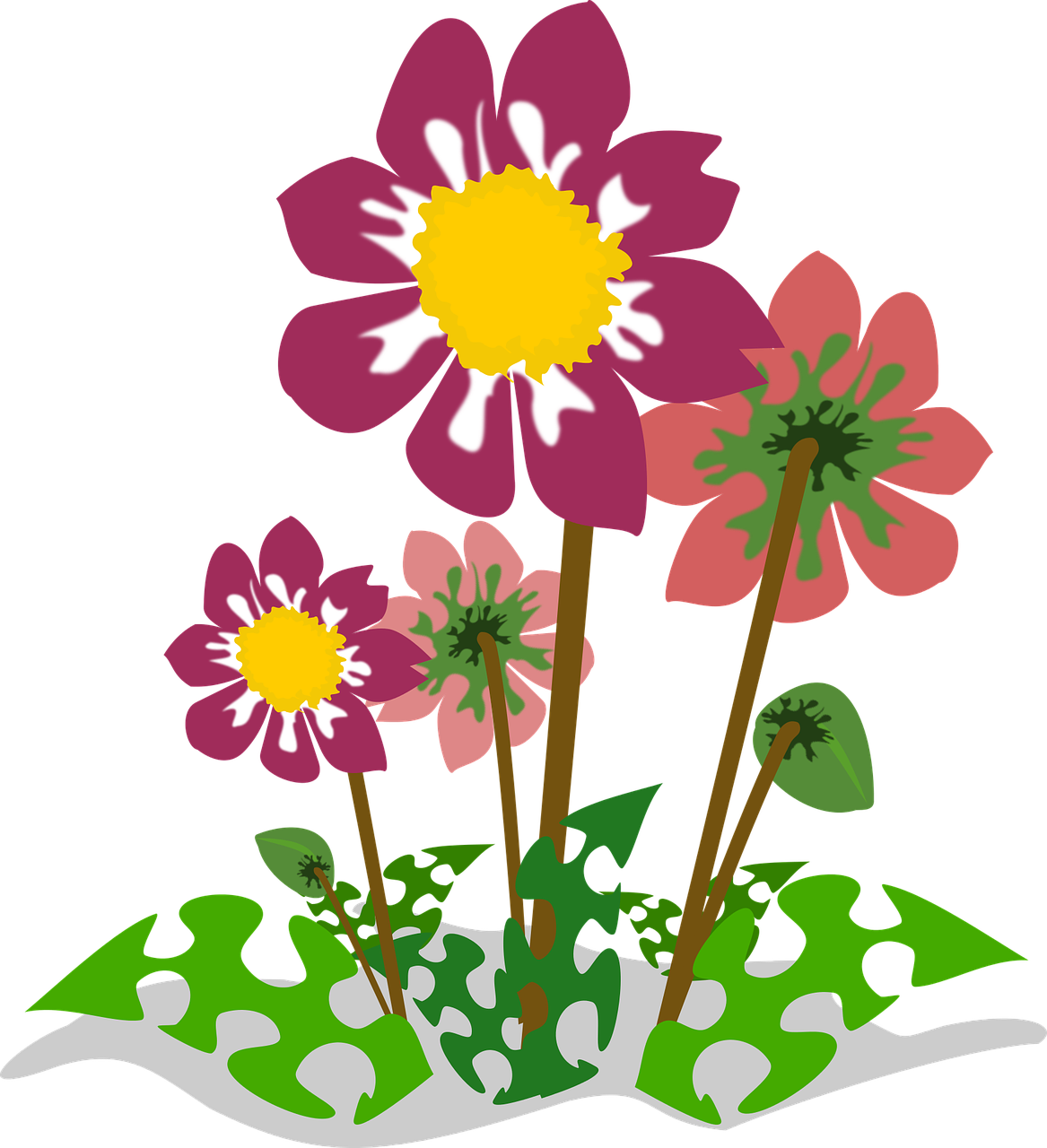 a bunch of flowers that are in the grass, a digital rendering, inspired by Masamitsu Ōta, sōsaku hanga, dahlias, harry volk clip art style, pot, cartoon image