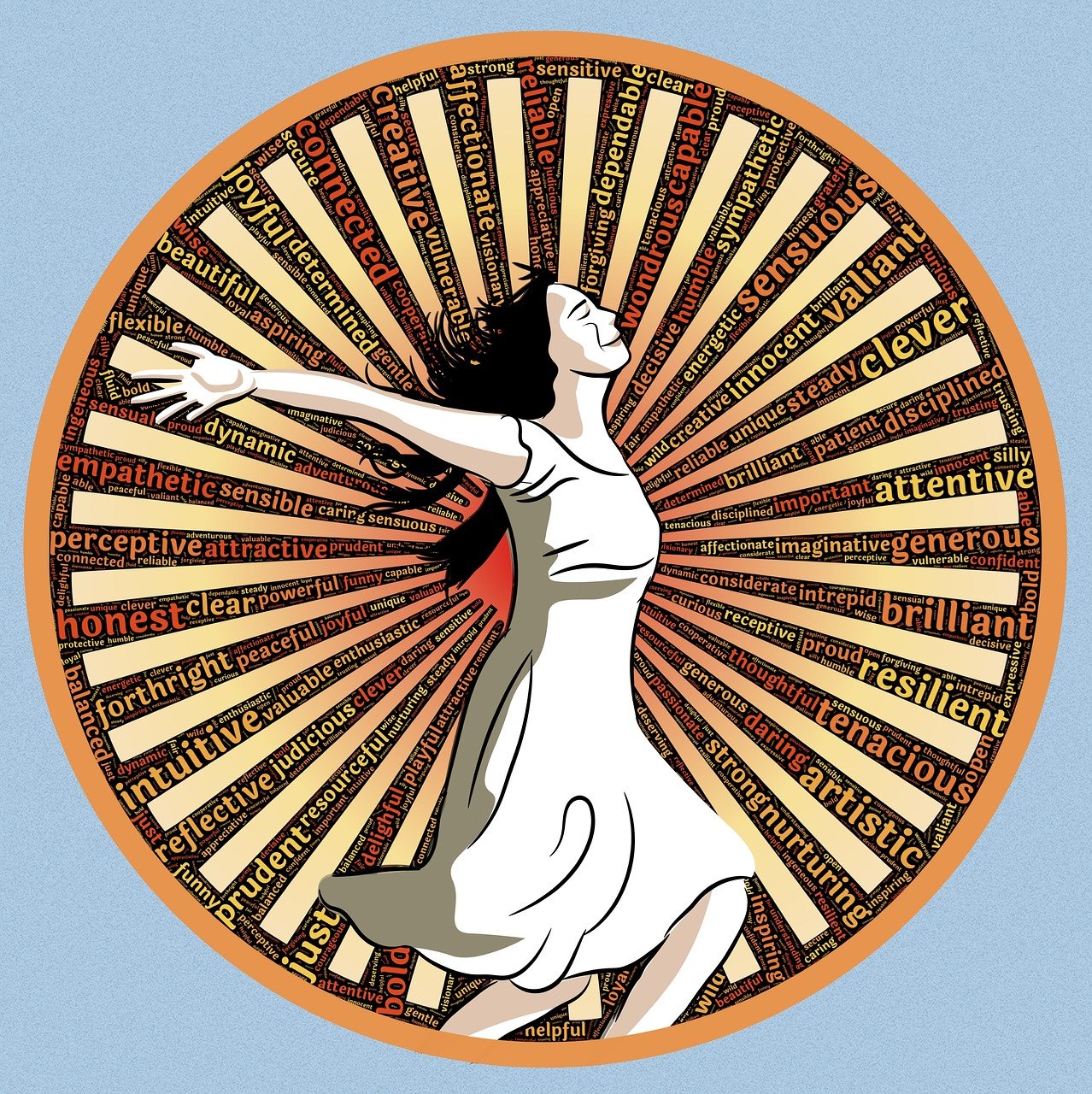 a woman in a white dress holding a tennis racquet, an illustration of, inspired by Yuko Shimizu, symbolism, arms stretched wide, sunbeams. digital illustration, round dance, style of shepherd fairey