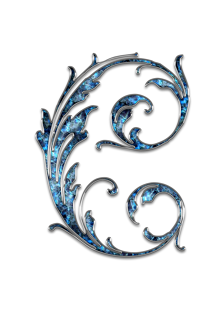a close up of a letter e on a black background, a digital rendering, art nouveau, fractal blue leaves, in style of chrome hearts, marbled swirls, intricate details illustration