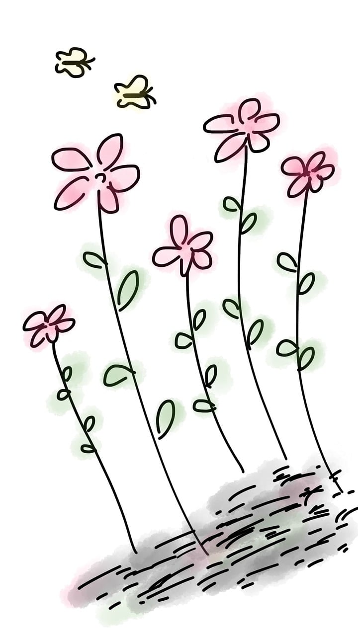 a drawing of a bunch of pink flowers, by Maki Haku, flickr, romantic simple path traced, seedlings, cartoon image, looking upward
