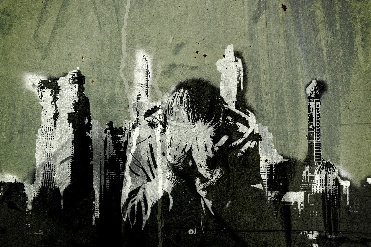 a painting of a woman standing in front of a city skyline, a picture, inspired by William Kentridge, tumblr, street art, holding his hands up to his face, film still from sin city, depressed sad expression, scratched photo
