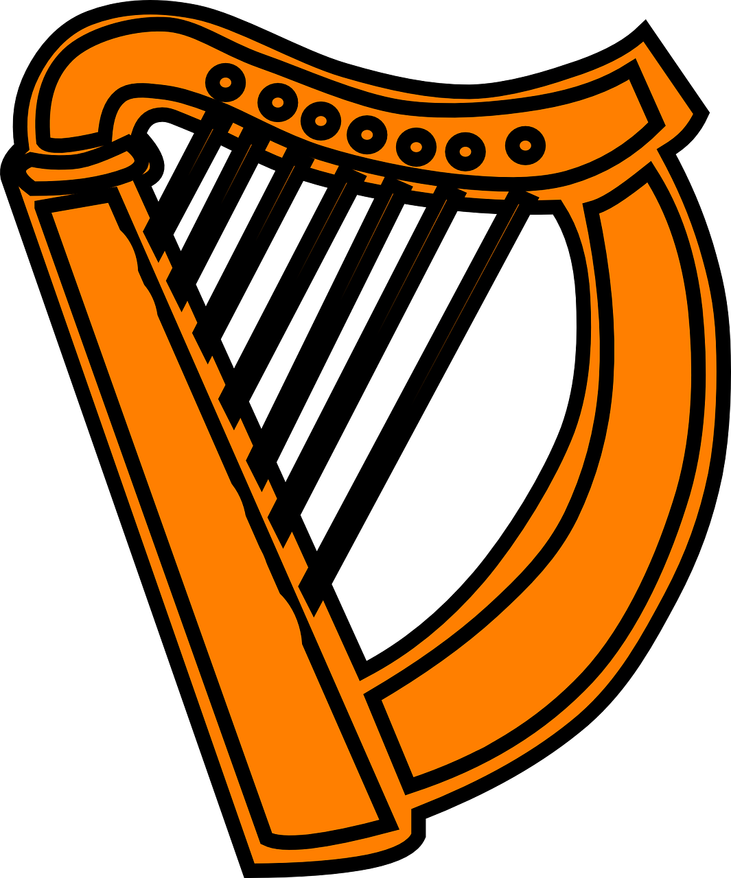 an orange harp on a black background, stylized bold outline, irish, straps, vectorized