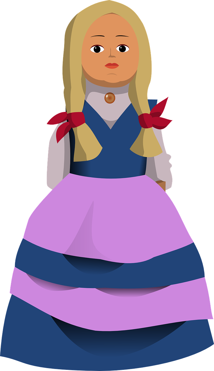 a cartoon princess with blonde hair and blue dress, inspired by Júlíana Sveinsdóttir, polycount, mingei, sakura haruno in slug sage mode, she has two ponytails, ingame image, long dress with apron