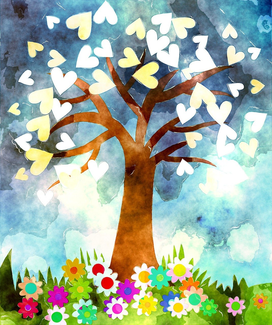 a painting of a tree with hearts on it, a watercolor painting, inspired by Aaron Douglas, trending on pixabay, cheerful atmosphere, 中 元 节, half image, istock