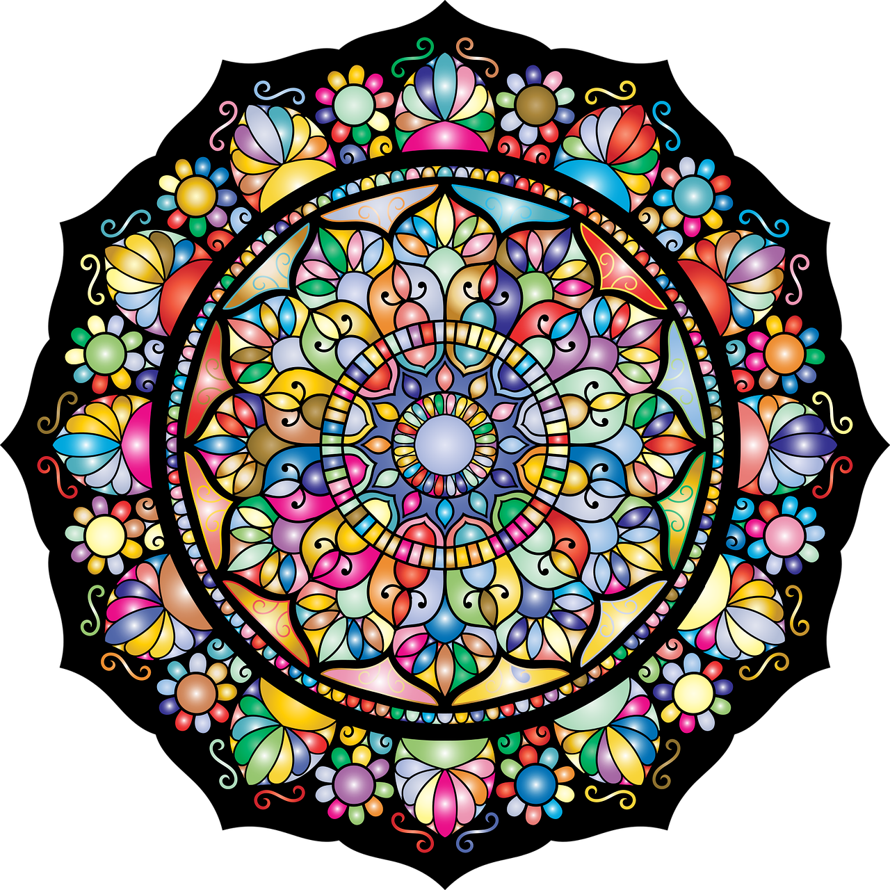 a colorful circular design on a black background, by Joe Mangrum, colored illustration for tattoo, ornate painting, lowres, stained glass style