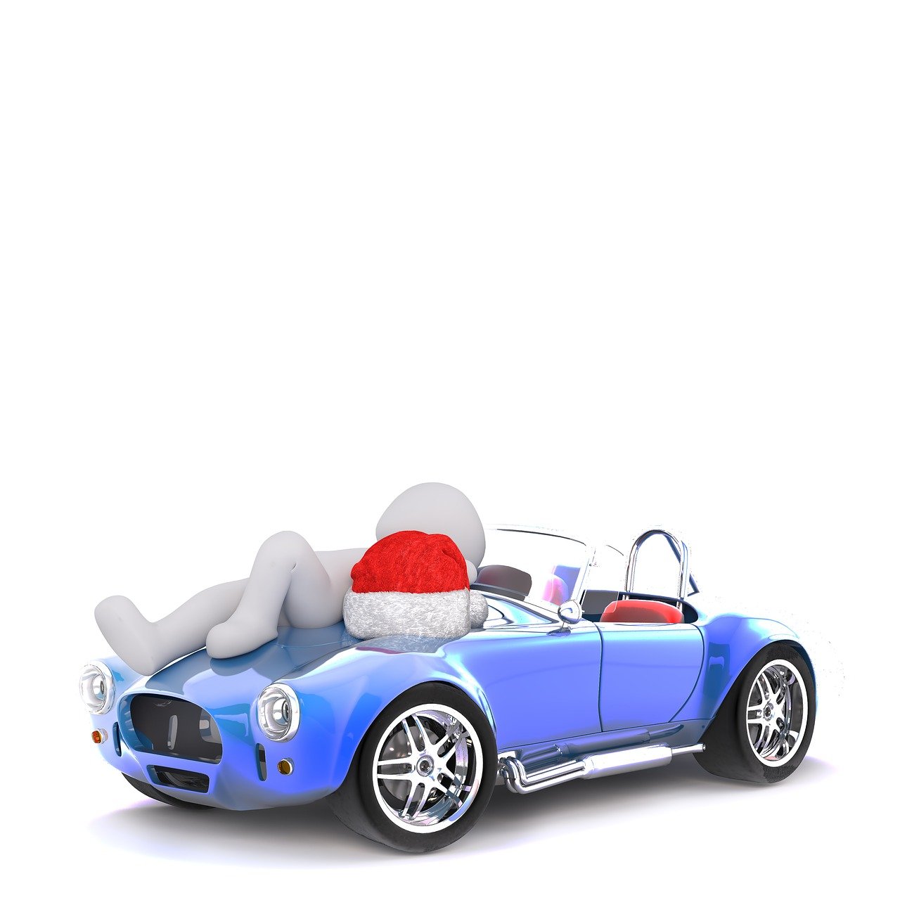 a person laying on top of a blue sports car, a 3D render, purism, christmas, humorous illustration, on the white background, flash photo