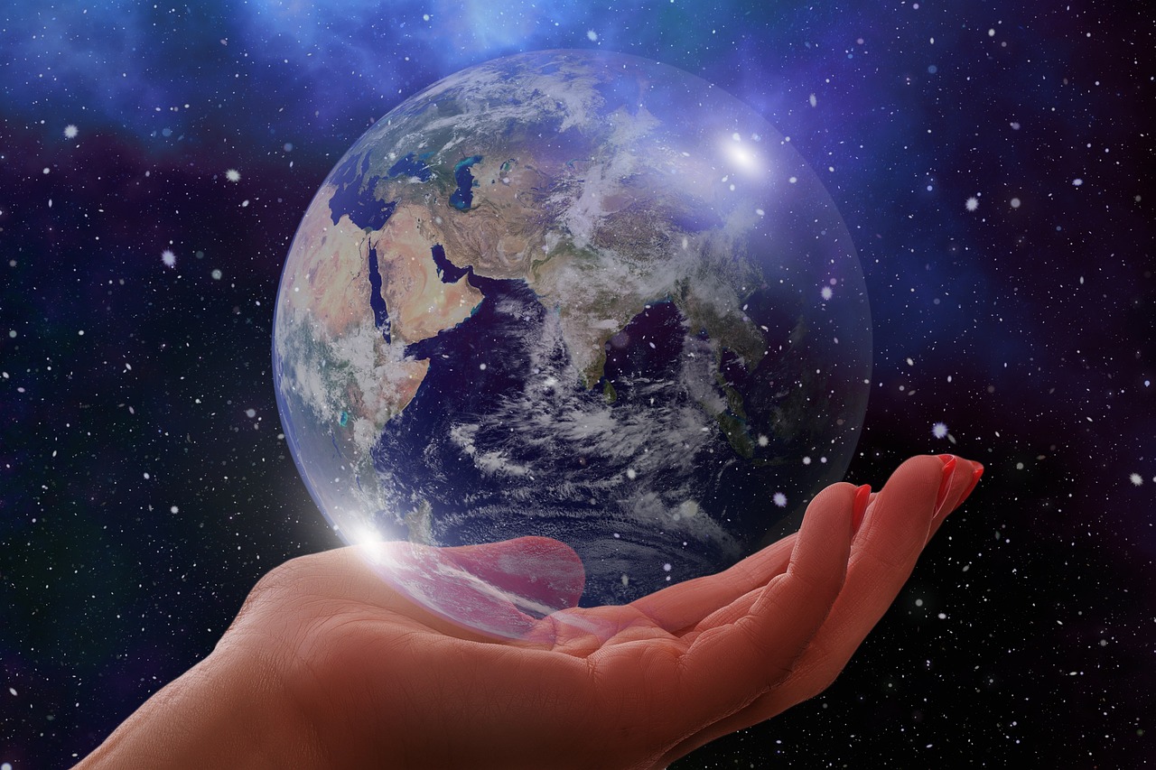 a person holding the earth in their hands, a picture, fantastic realism, gaia human and digital, open hand, jacqueline e, from ego perspective