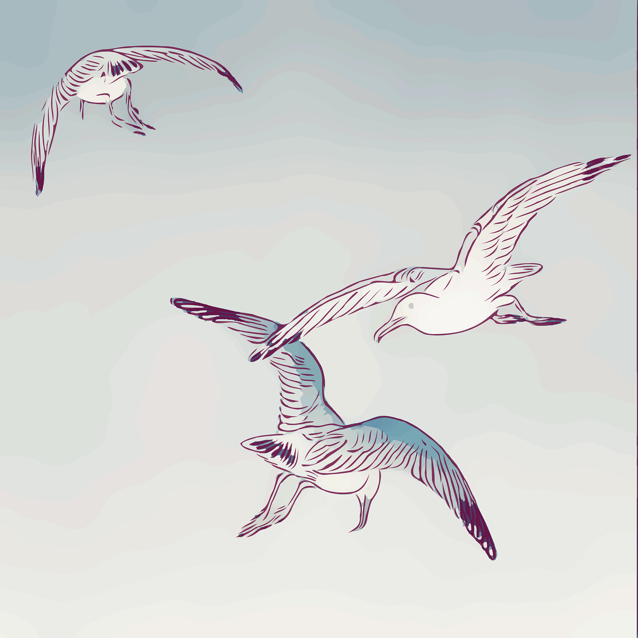 a couple of birds that are flying in the sky, an illustration of, fine art, trio, seagulls, colored screentone, poster illustration