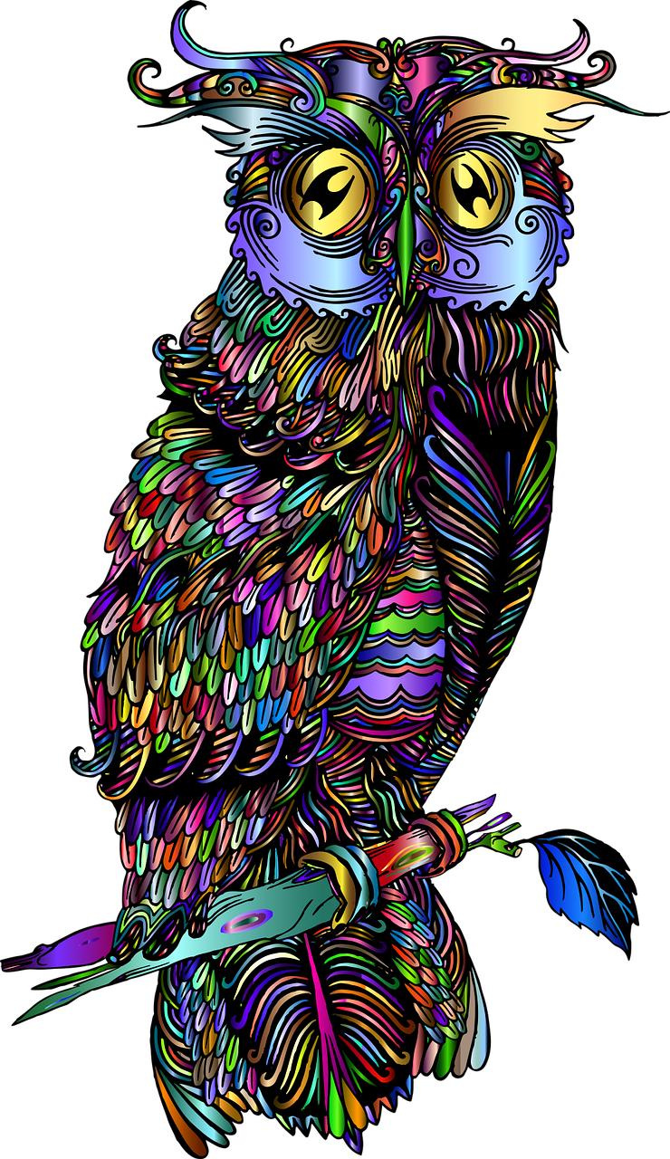 a colorful owl sitting on top of a tree branch, vector art, psychedelic art, amoled wallpaper, black light, colored-pen drawing, fullbody view