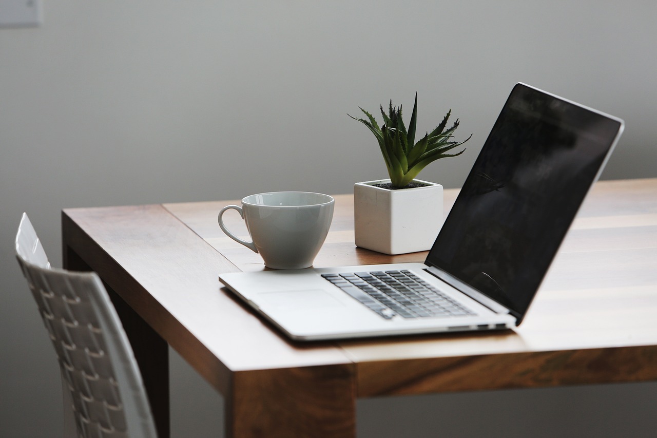 a laptop computer sitting on top of a wooden table, by Andries Stock, minimalism, portrait of morning coffee, next to a plant, dof wide, office furniture