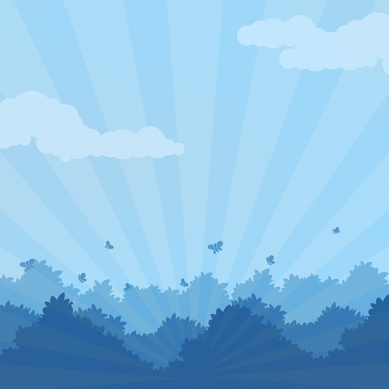 a blue sky with clouds and trees in the foreground, an illustration of, inspired by Aaron Douglas, conceptual art, butterflies and sunrays, environment design illustration, invading army background, vector background