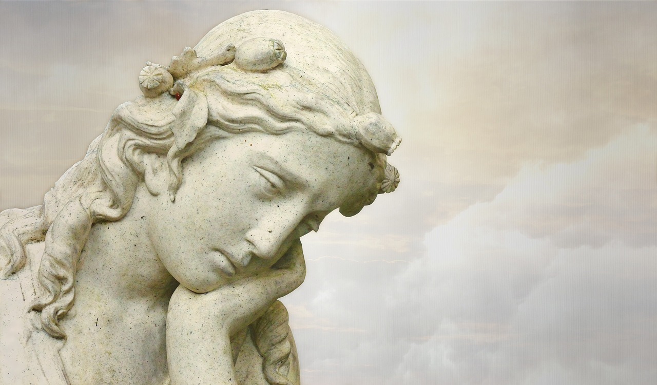 a close up of a statue of a woman, a statue, by Paul Davis, romanticism, sad sky, resting head on hands, dlsr photo, screencap