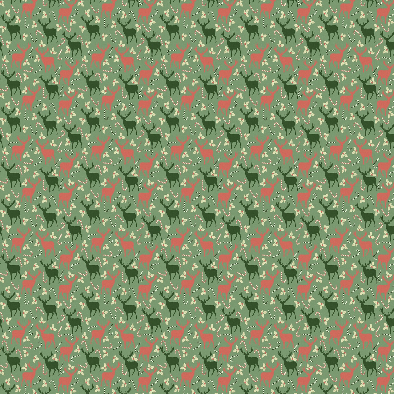 a pattern of deers and flowers on a green background, a picture, tumblr, 8k!, christmas, small horns, shades green and red