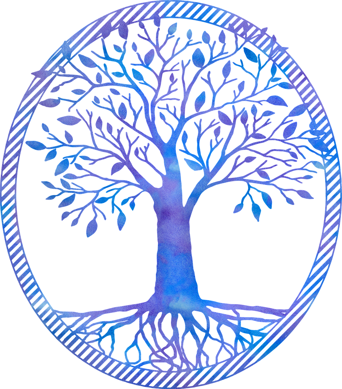 a watercolor drawing of a tree in a circle, a digital rendering, sots art, black and blue and purple scheme, tradition, intricat, logo without text