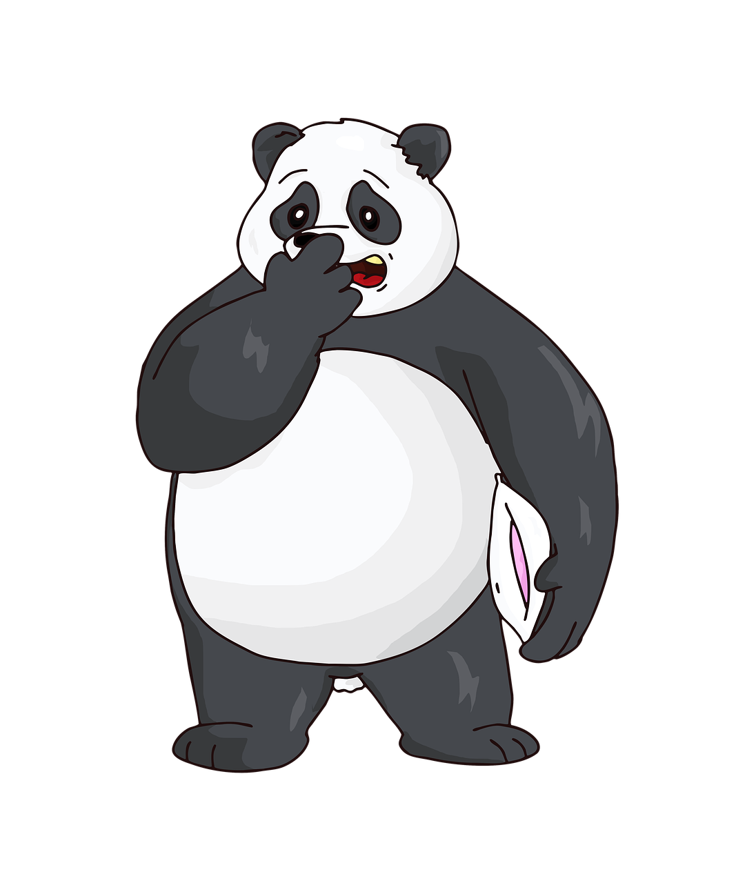 a black and white panda bear holding a surfboard, an illustration of, inspired by Luo Ping, shutterstock, on a flat color black background, cartoon style illustration, she has a jiggly fat round belly, high detail illustration