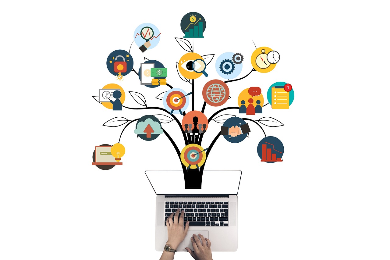 a person typing on a laptop with icons coming out of it, a digital rendering, computer art, with a white background, branching, images on the sales website, collective civilization tree