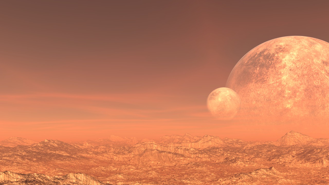 a couple of planets that are in the sky, a matte painting, the sky is a faint misty red hue, mars vacation photo