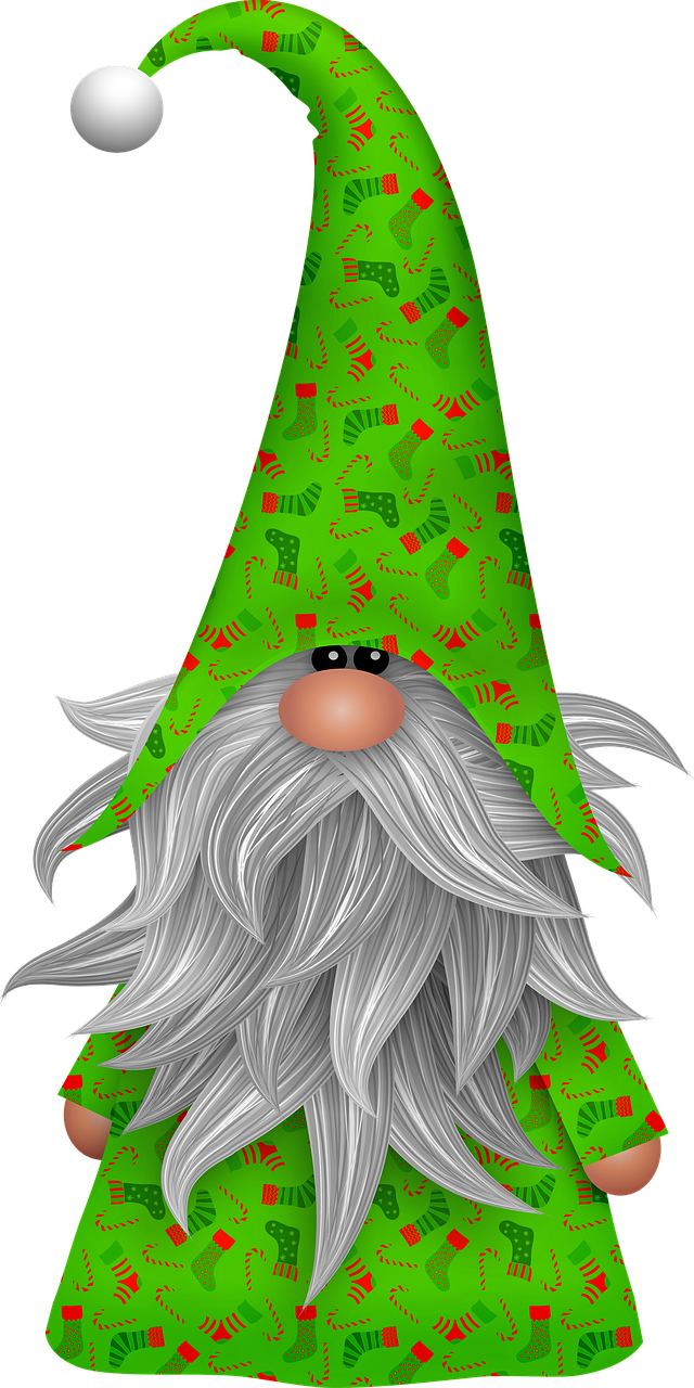 a cartoon gnome with long gray hair and a green hat, a digital rendering, pixabay contest winner, digital art, fully decorated, !!beautiful!!, cone heads, seasonal