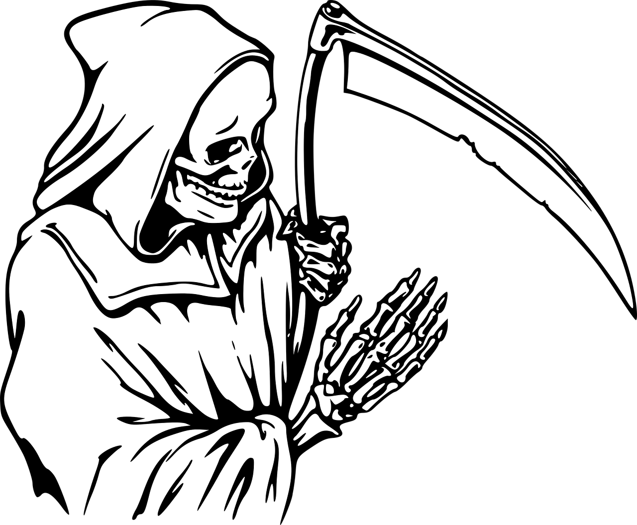 a black and white drawing of a person with a scythe, vector art, pixabay, sots art, the reaper as a scary, character from mortal kombat, death dreaming about death, transparent background