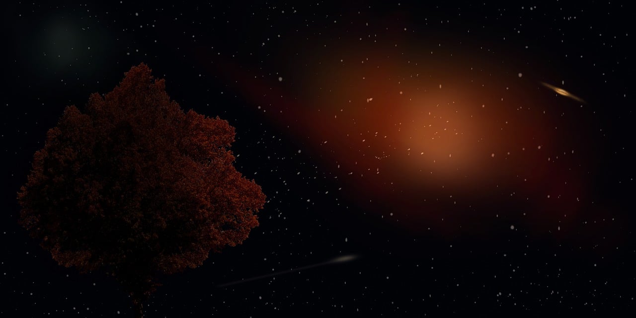 a tree that is in the middle of the night, digital art, space art, sky is orangish outside, comet, autumn night, a wide shot
