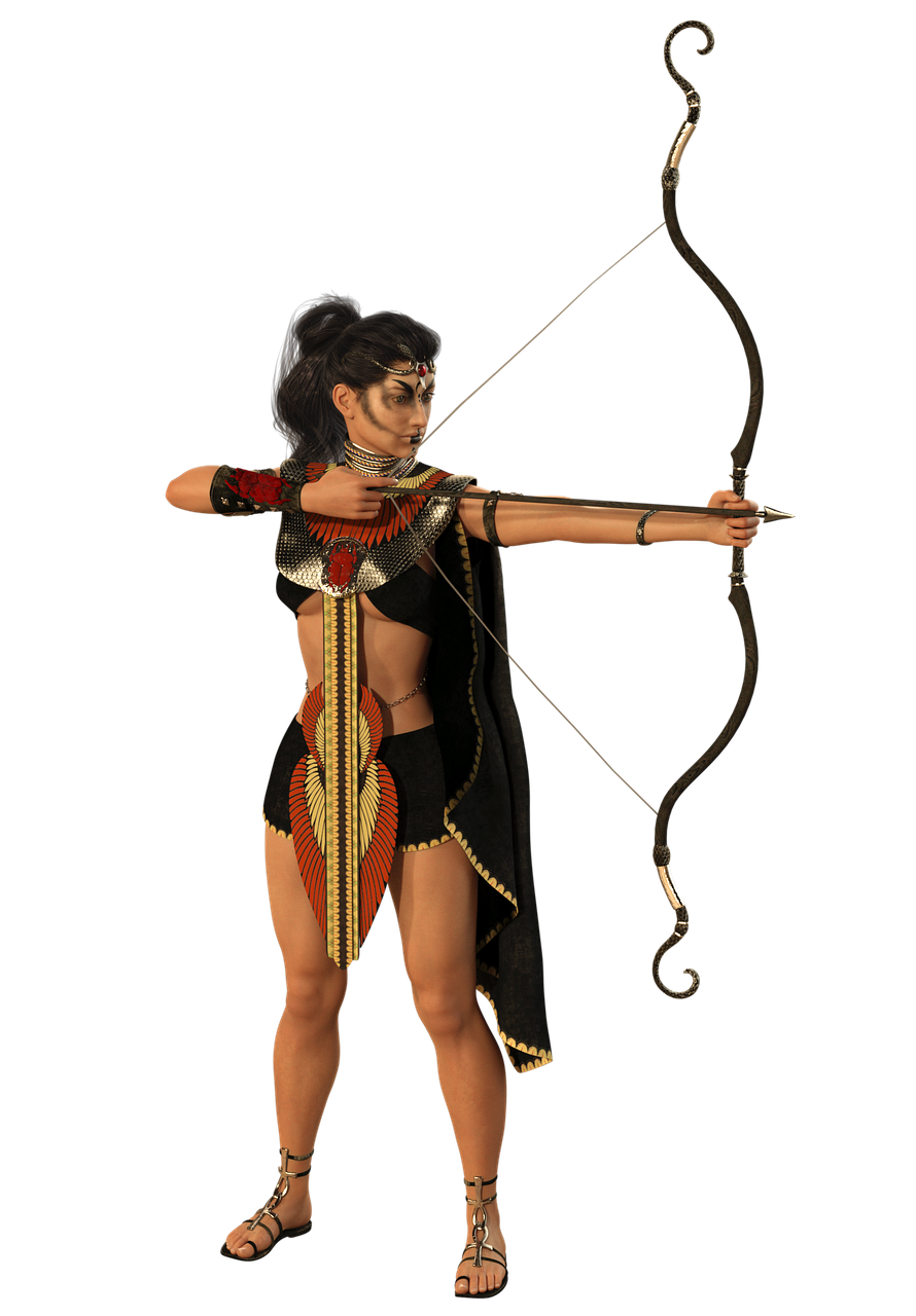 a woman in a costume holding a bow and arrow, a digital rendering, ebony wood bow, apsaras warrior, top-down shot, full resolution