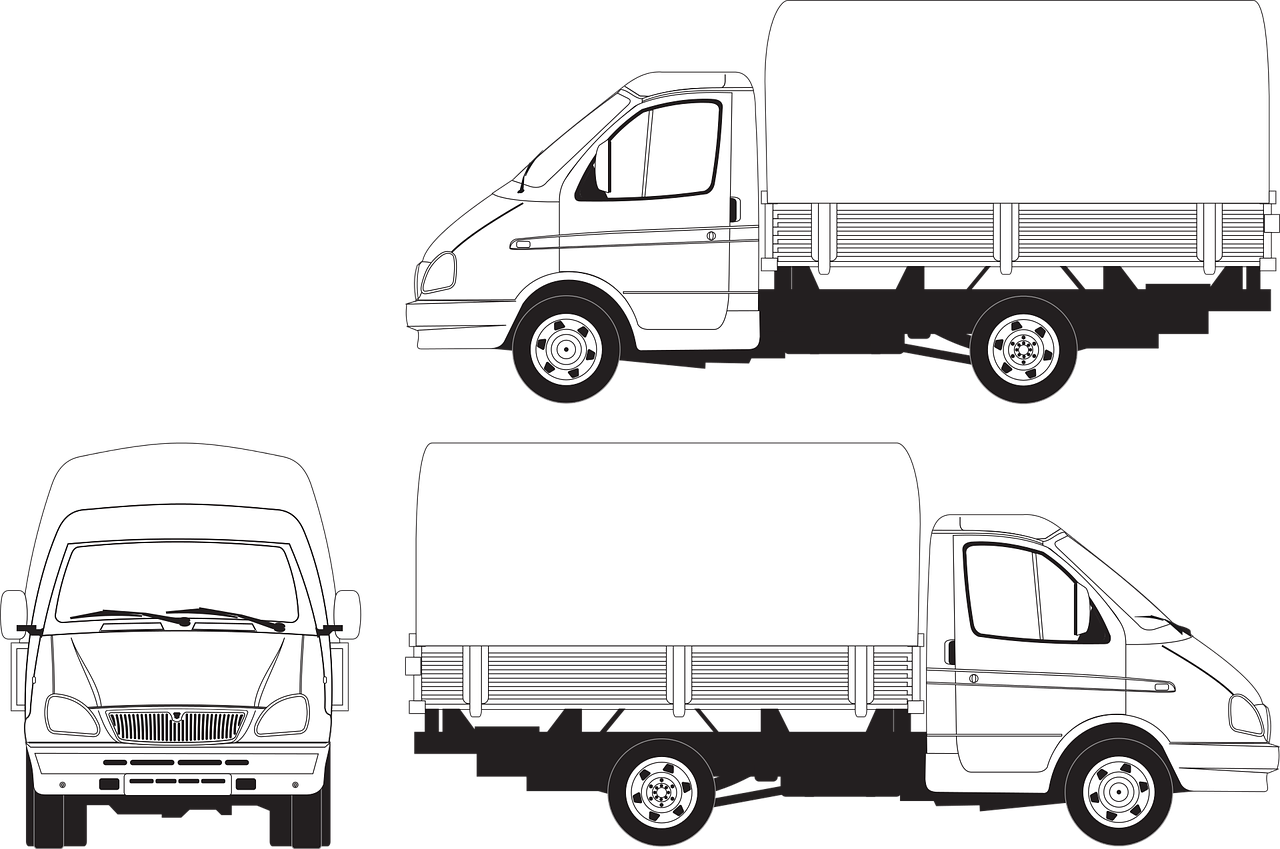 a white delivery truck on a black background, concept art, by Hugh Hughes, hurufiyya, diagrams, views front side and rear, plan, made with illustrator