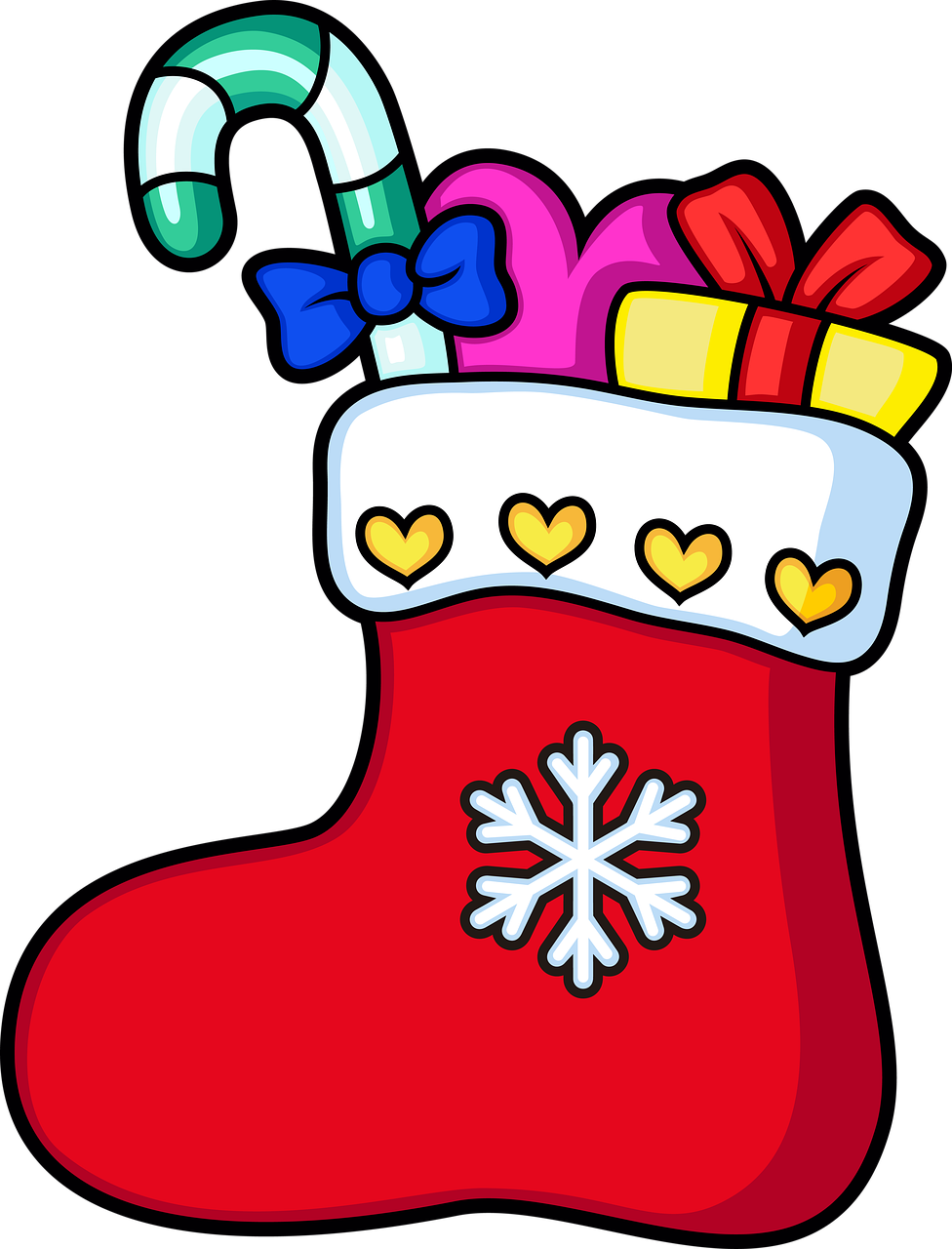 a christmas stocking filled with gifts and a candy cane, a digital rendering, by Romero Britto, shutterstock, clip-art, looking from slightly below, red boots, on black background