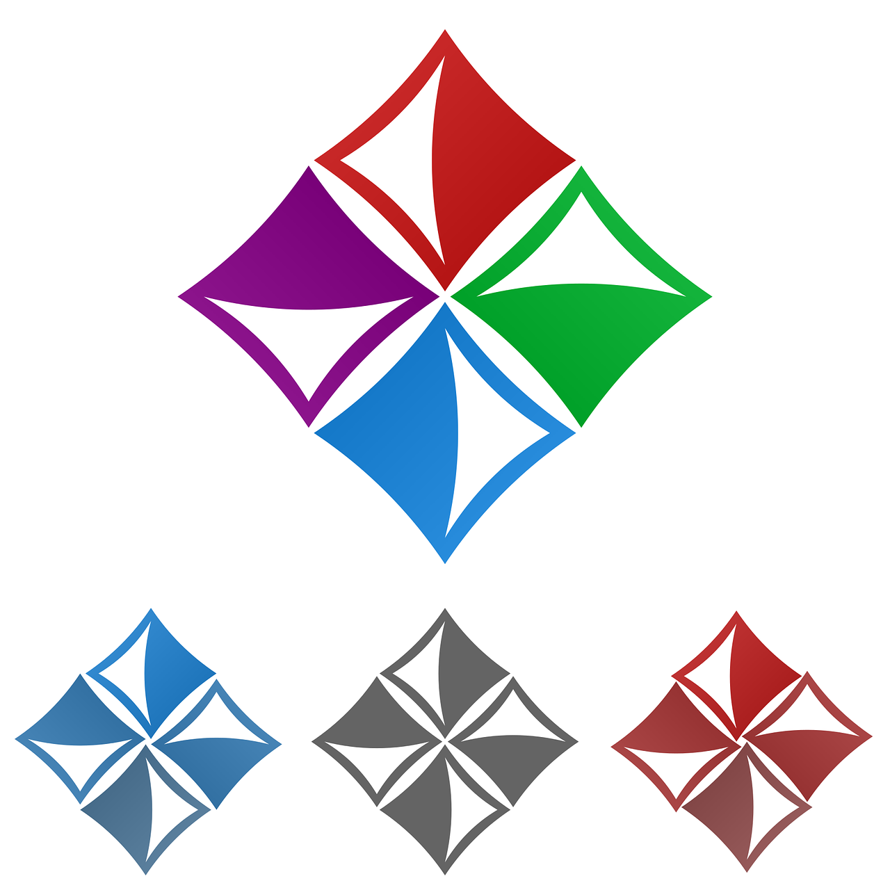 a set of four different colored logos on a white background, inspired by Vladimir Borovikovsky, abstract illusionism, large diamonds, oversized shuriken, squares, switzerland