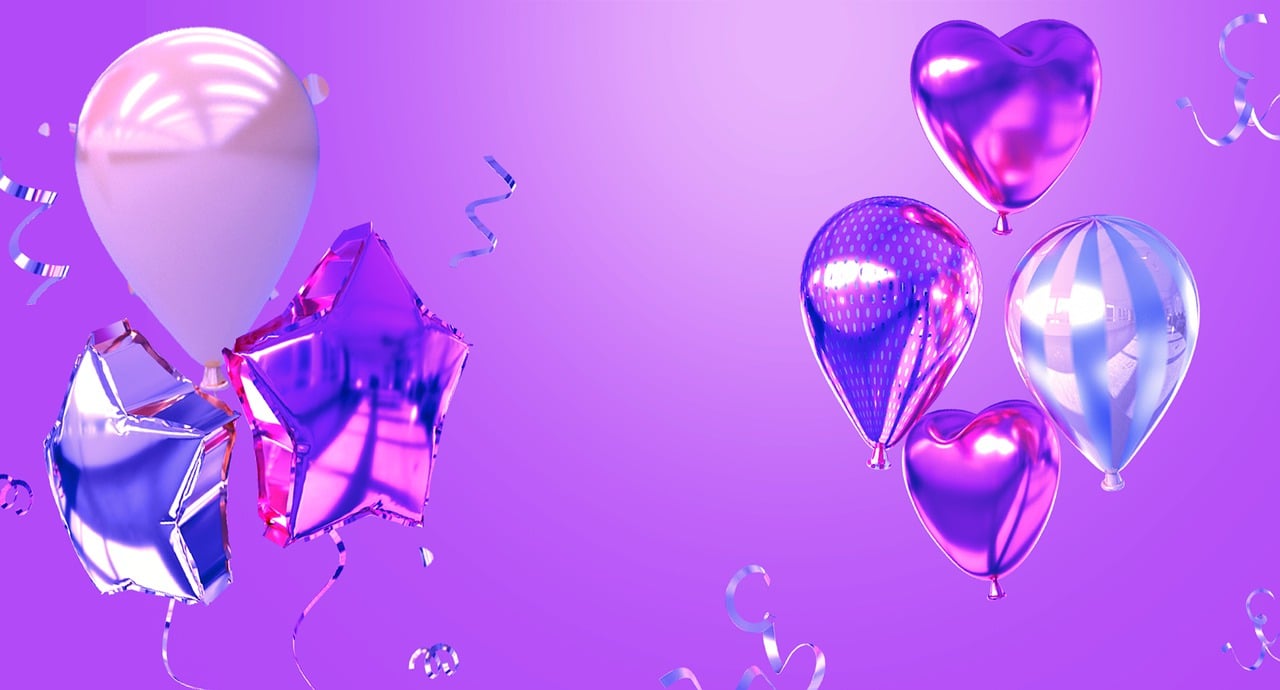 a bunch of balloons floating in the air, a 3D render, trending on cg society, digital art, purple background, refracted line and sparkles, floating symbols and crystals, mirror and glass surfaces