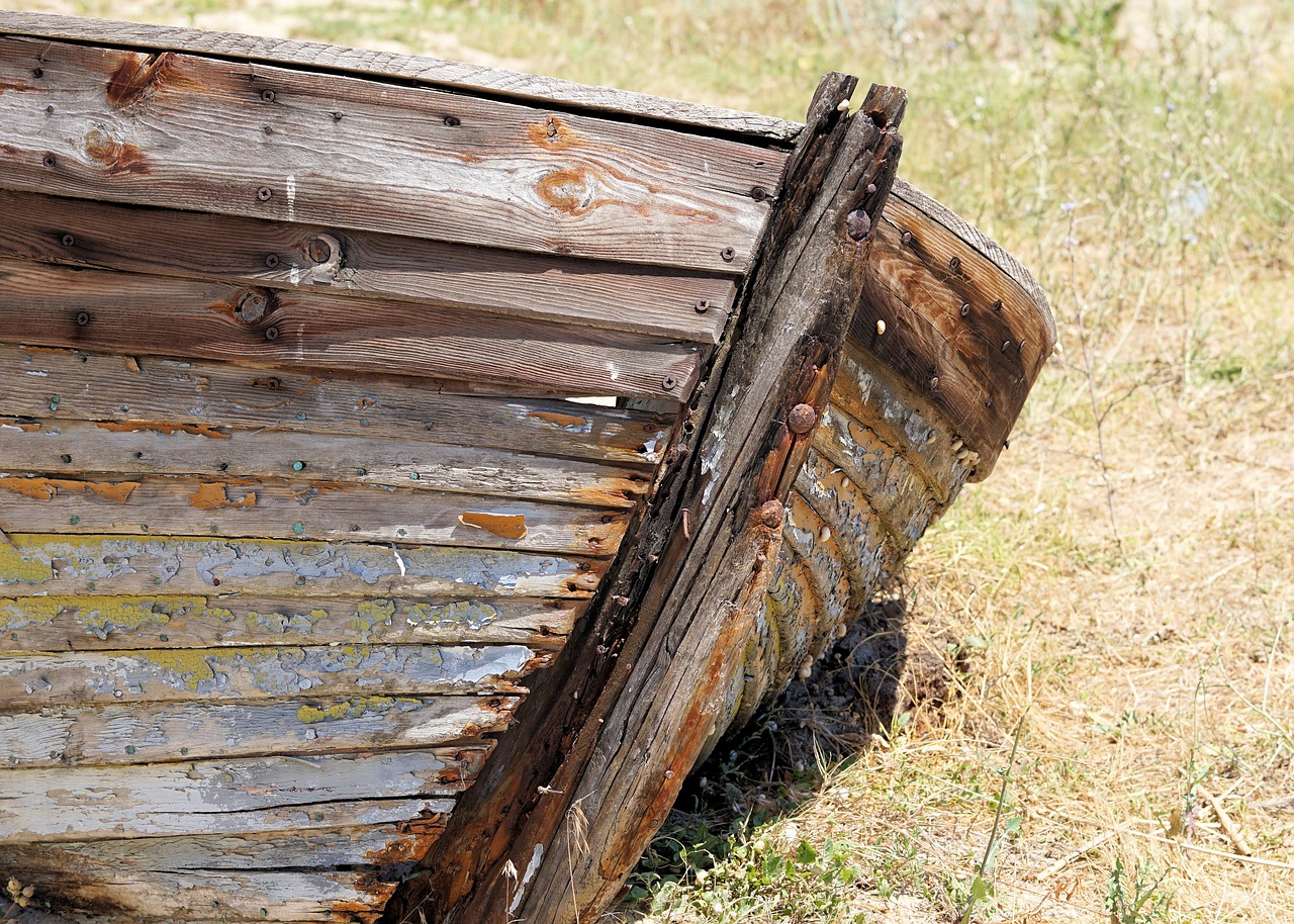 a wooden boat sitting on top of a grass covered field, a photo, by Richard Carline, weathered olive skin, detailed zoom photo, wooden banks, side view close up of a gaunt