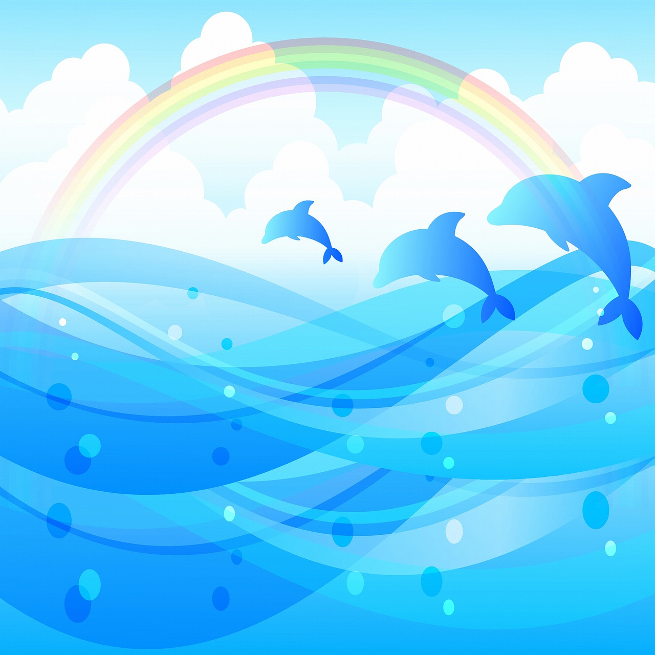 two dolphins jumping out of the water with a rainbow in the background, an illustration of, water torrent background, azure blue sky, random background scene, blurry and dreamy illustration