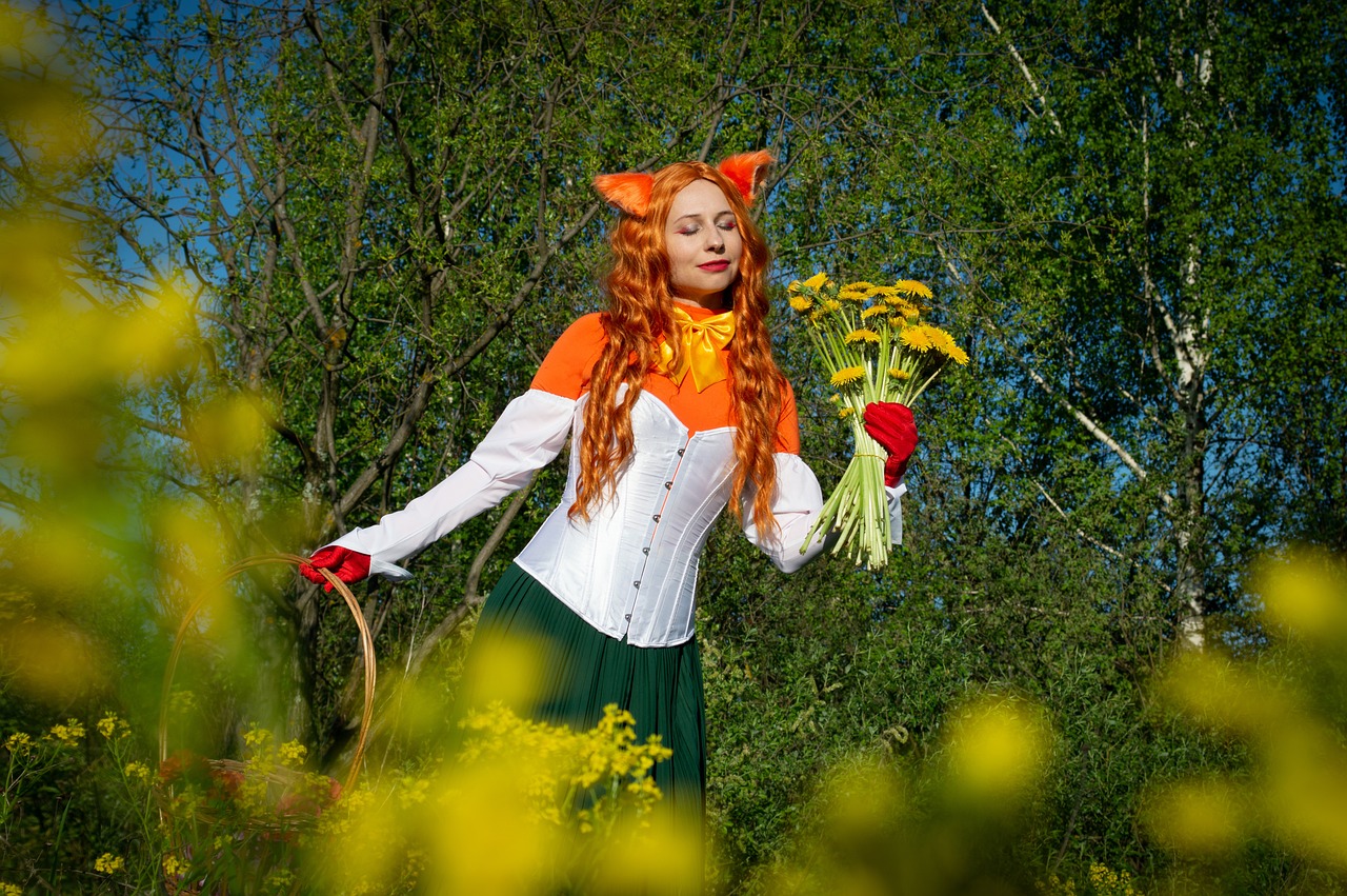 a woman with long red hair holding a bunch of flowers, inspired by Julia Pishtar, furry art, cosplay photo, green and orange theme, cosplay of a catboy! maid! dress, during spring
