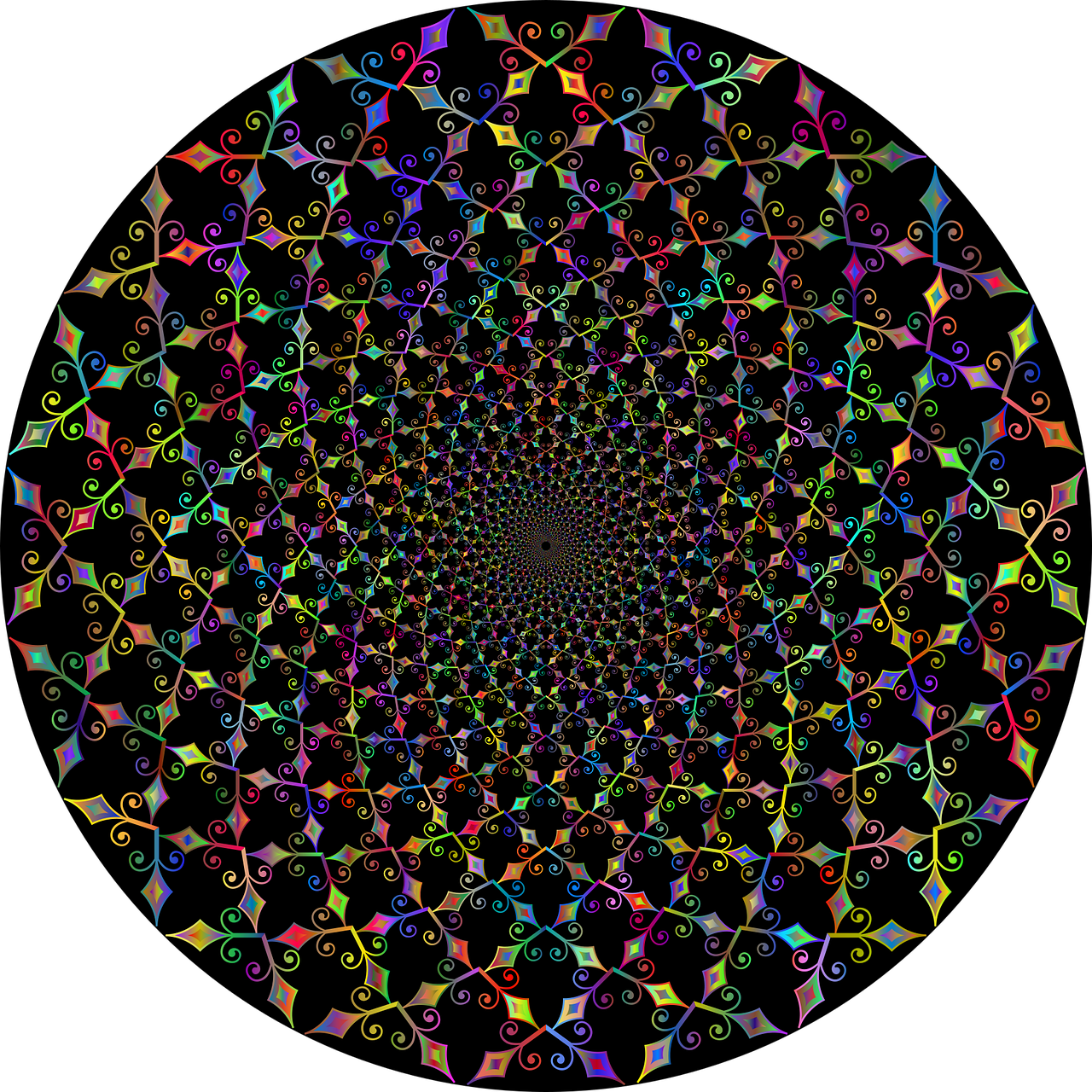 a multicolored circular design on a black background, a raytraced image, flickr, sacred geometry pattern, infinite intricacy, polychromatic spectrum, (((intricate)))