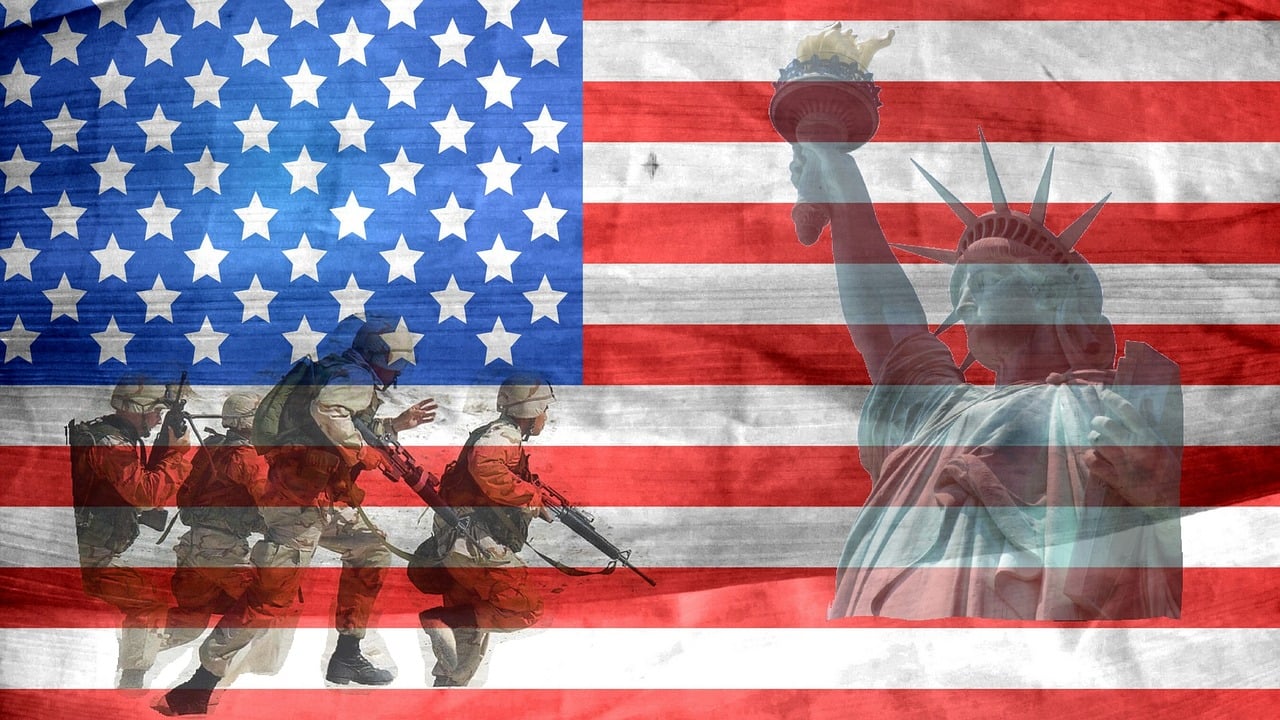 a picture of a statue of liberty in front of an american flag, digital art, american scene painting, us soldiers, plastic army men, war photo, banner