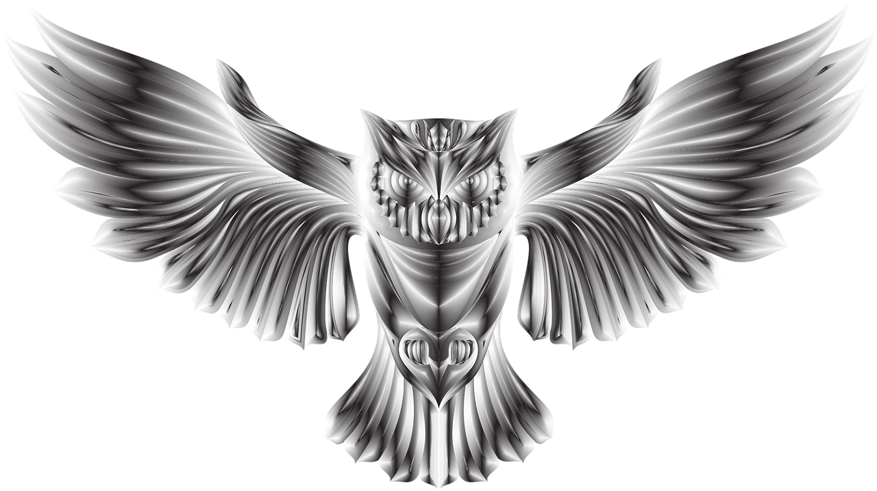 a black and white drawing of a bird, a digital rendering, by Galen Dara, digital art, mechanical owl, silver chrome color, isolated on white background, aura of power. detailed