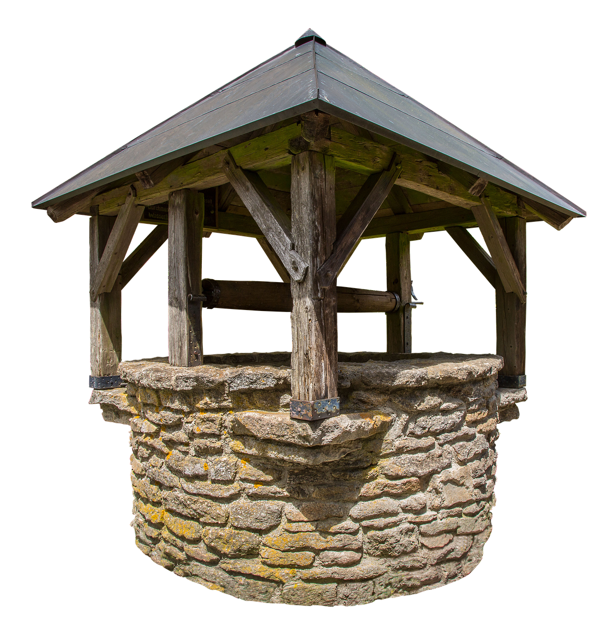 a wooden gazebo sitting on top of a stone wall, by Edward Corbett, shutterstock, renaissance, watertank, on black background, high detail product photo, made from old stone