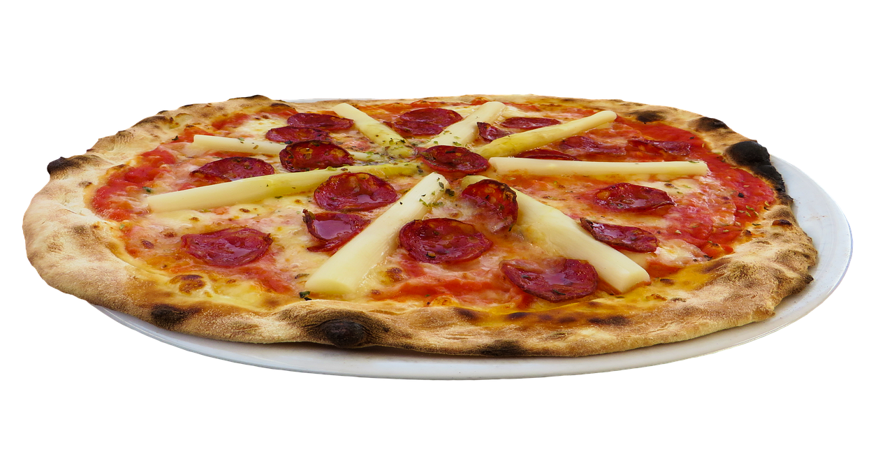 a pizza sitting on top of a white plate, a portrait, inspired by Vito D'Ancona, pixabay, salami, stock photo, crisp details, potato