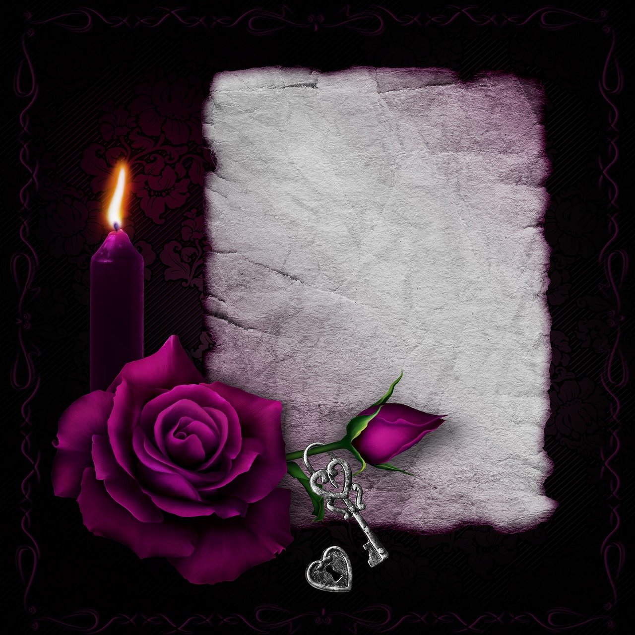 a purple rose sitting next to a purple candle, a photo, gothic art, textured parchment background, on a dark rock background, mirror background, dark atmosphere illustration