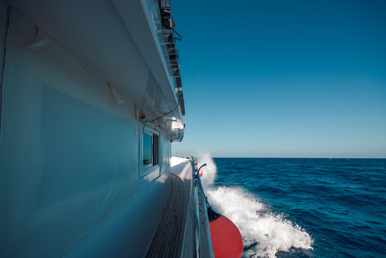 a view of the ocean from the back of a boat, a photo, by Etienne Delessert, shutterstock, wide angle dynamic action shot, on a super yacht, view from the side”, highly detail wide angle photo