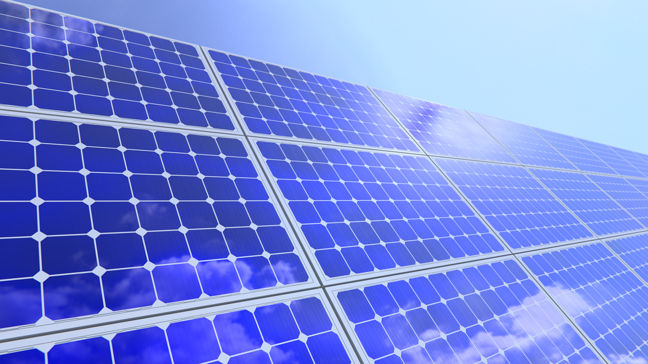 a row of solar panels against a blue sky, a digital rendering, closeup photo, istockphoto, blue realistic 3 d render, low - angle shot from behind