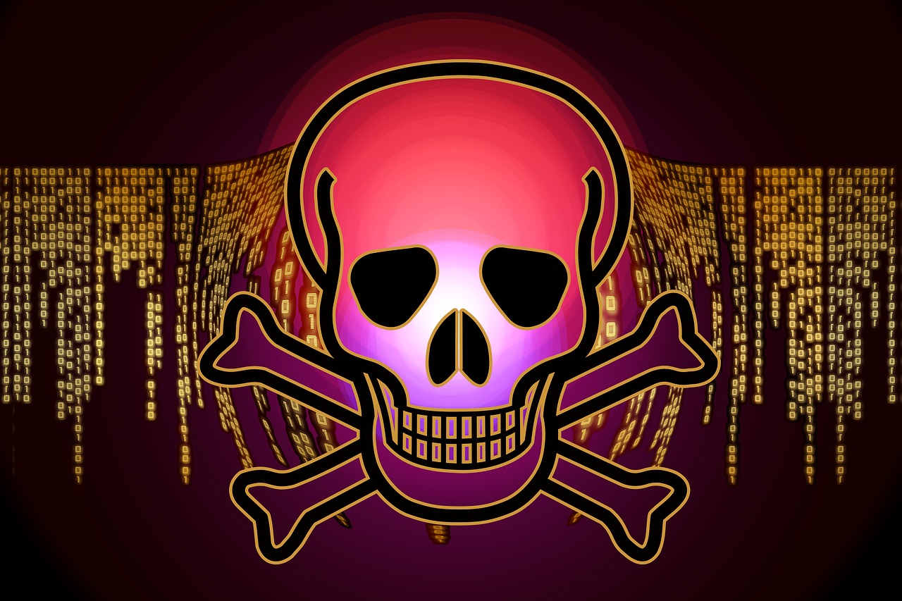 a skull and crossbones on a dark background, digital art, gold and purple, chains and red fluid background, cartoonish vector style, high res