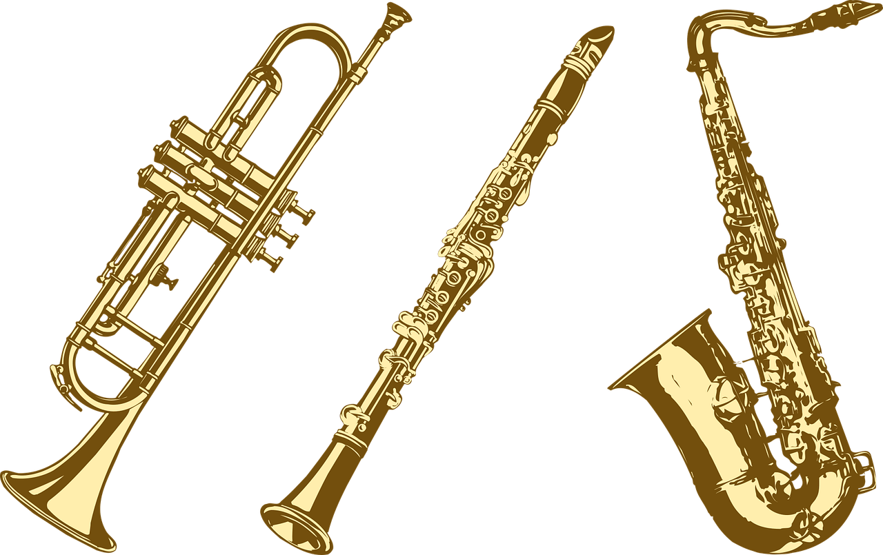 a group of musical instruments sitting next to each other, concept art, by Béla Kondor, trending on pixabay, brass plated, detailed vectorart, ivory, on a black background