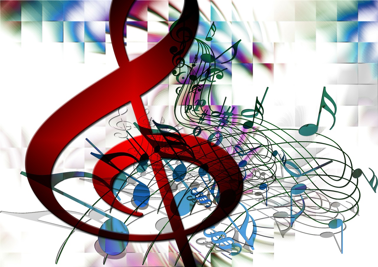 a red treble surrounded by musical notes, a digital rendering, orphism, colored photo, beautiful graphics, with notes, incredulous