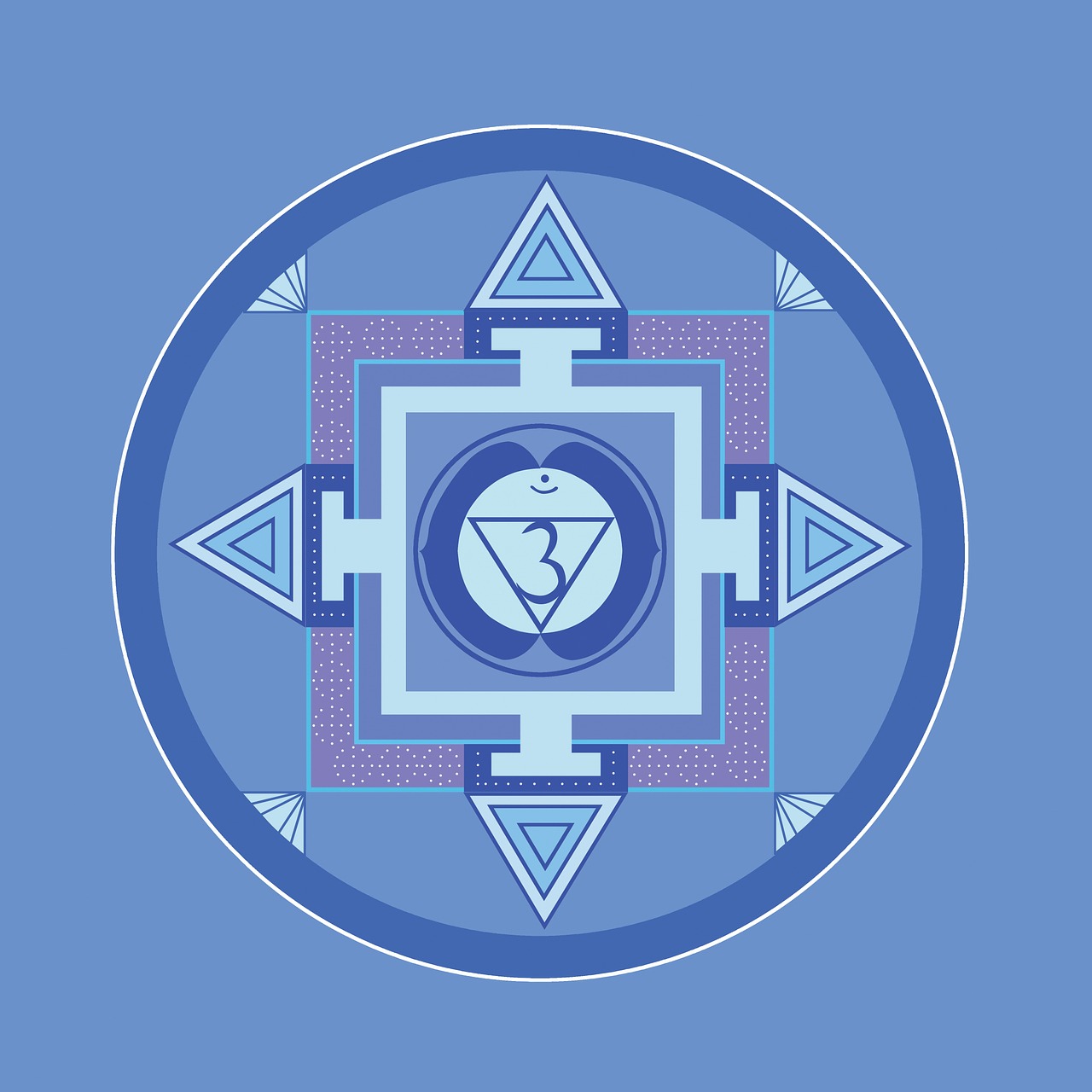 the seven chakrai symbols are arranged in a circle, an illustration of, symbolism, blue and violet color scheme, yantra, centered in panel, light-blue