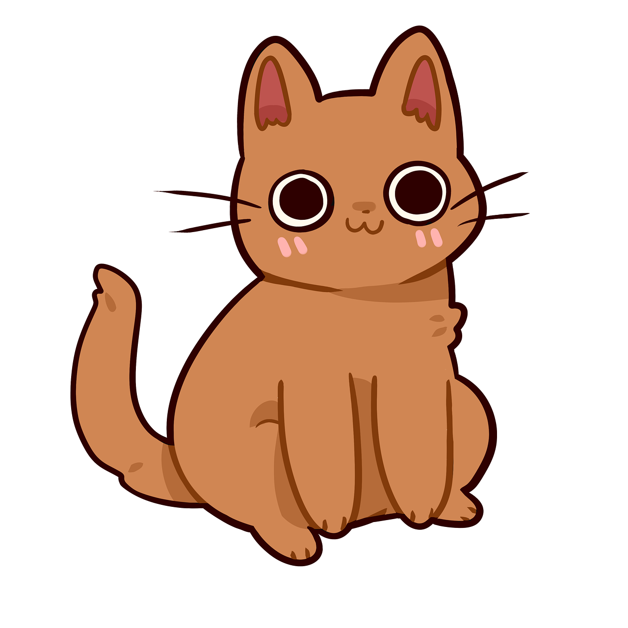 a brown cat with big eyes sitting down, inspired by Nyuju Stumpy Brown, on a flat color black background, cute anime style, clipart, sticker illustration
