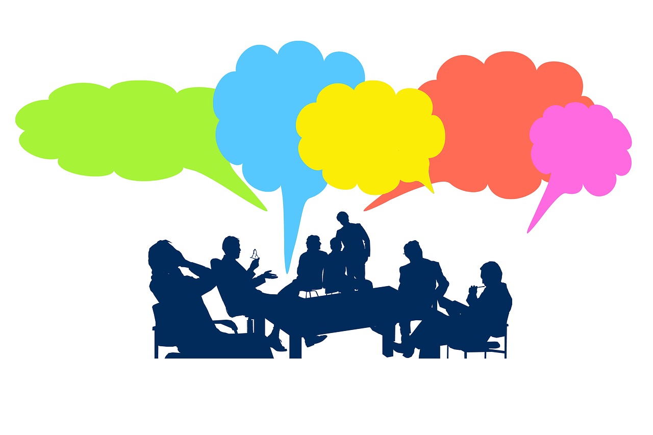 a group of people sitting around a table with speech bubbles, shutterstock, colorful”, : :