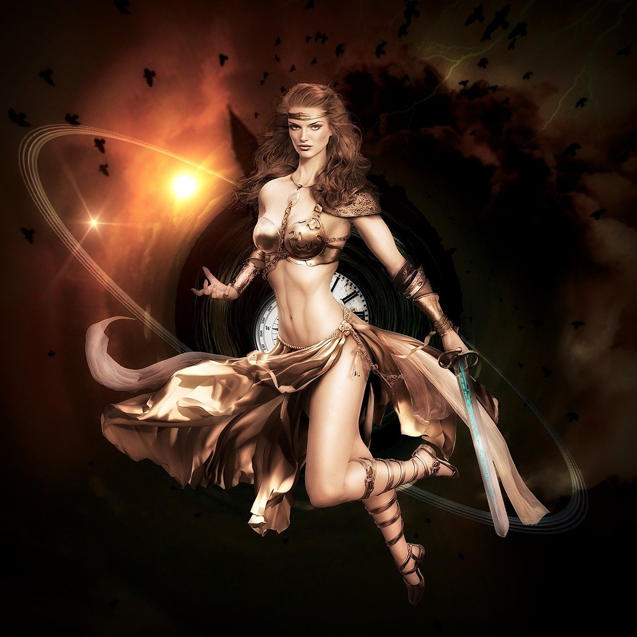 a woman that is in the air with a sword, fantasy art, 3 d goddess minerva, taurus, goddess of space and time, fantasy character photo